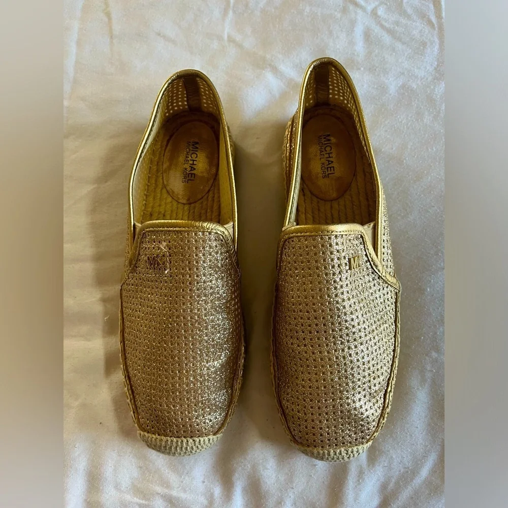 Michael Kors Hastings Metallic Linen Slip on Gold Espadrille Loafer Womens sz 6M